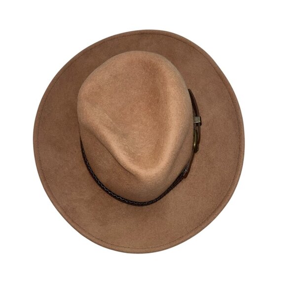 Designer Brown Wool Felt leather belted fedora womens hat